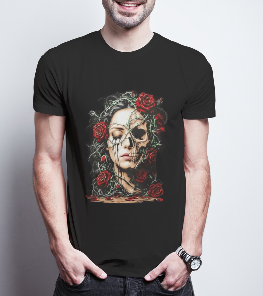 Eleventy Skull And Roses Gothic Heavy Metal Image With Thorns And Red Roses T-Shirt