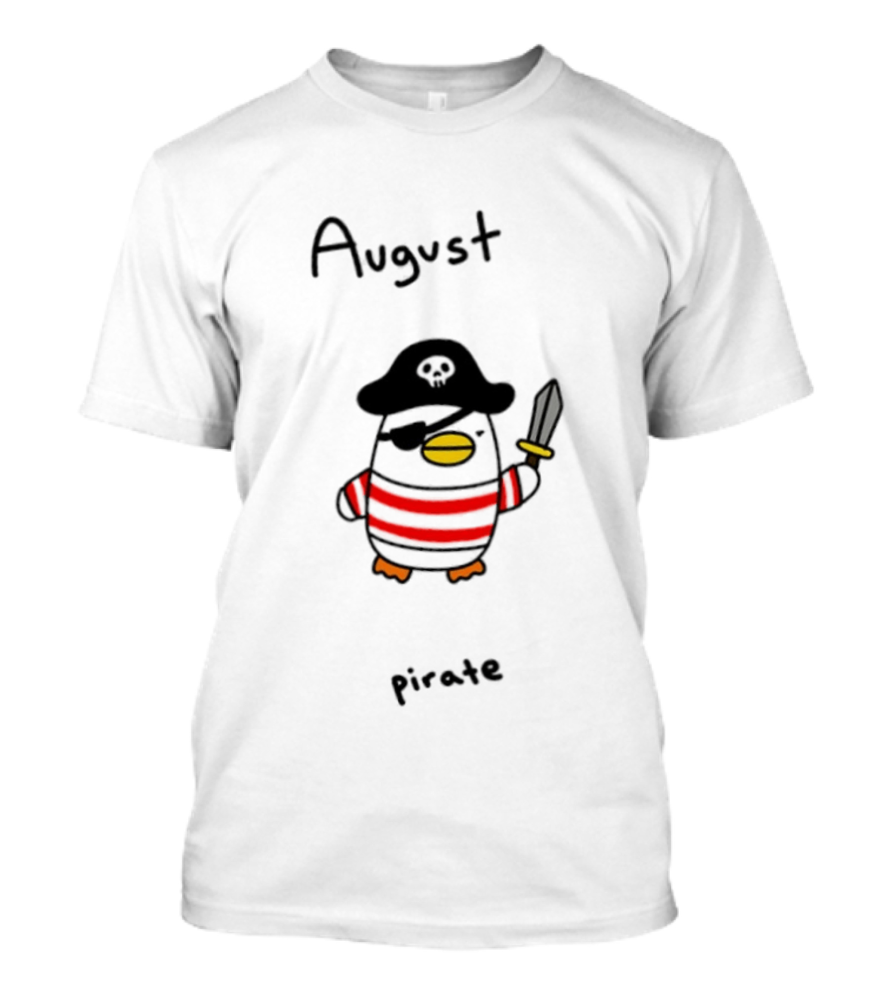 August Pirate Penguin Cartoon Striped Eyepatch Sword T-Shirt