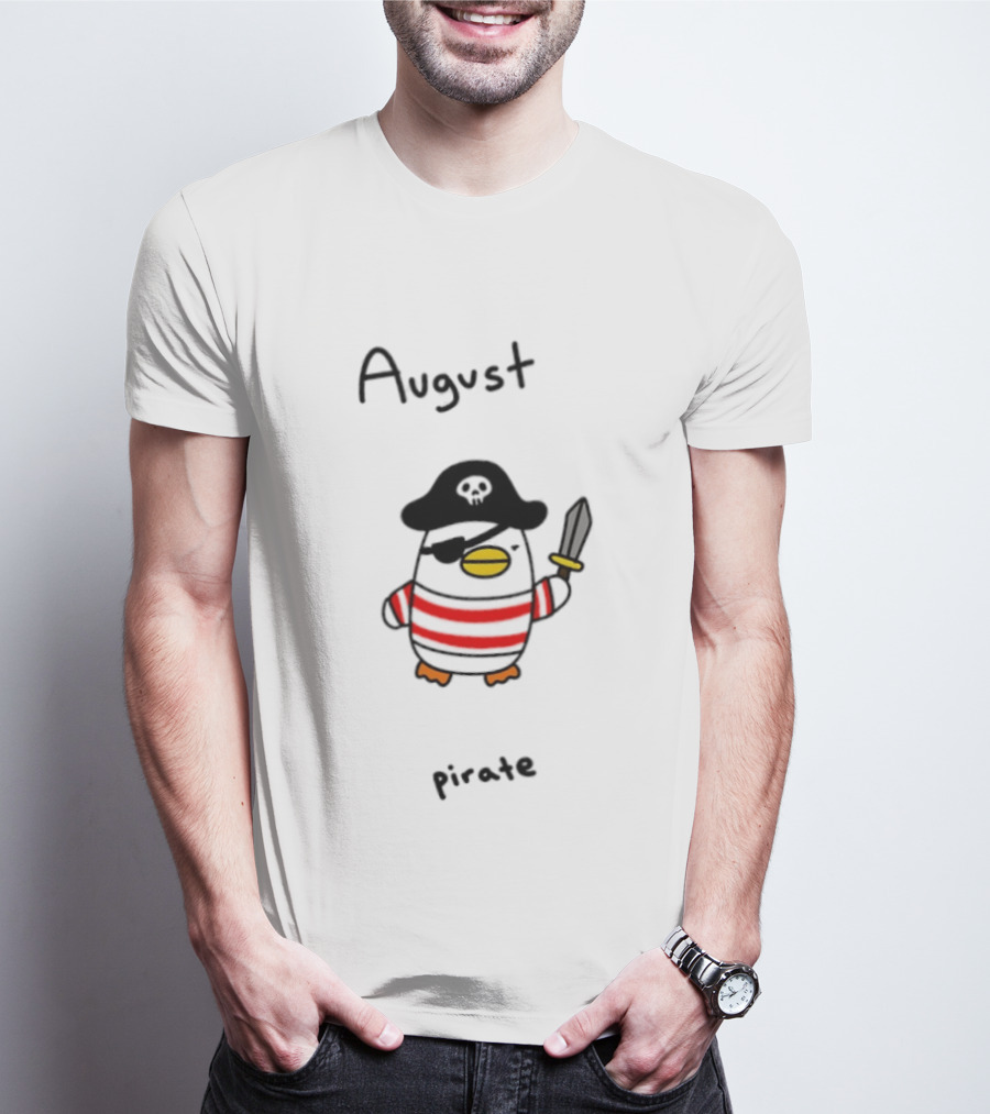 August Pirate Penguin Cartoon Striped Eyepatch Sword T-Shirt