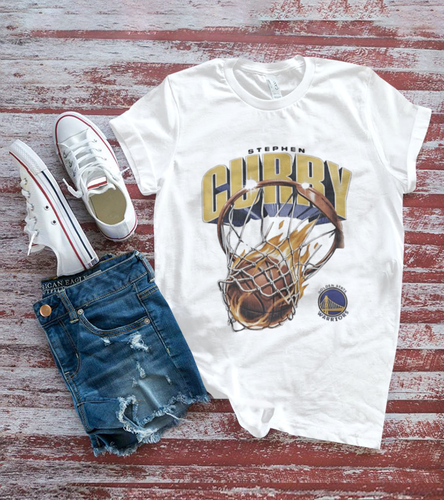 Stephen Curry Golden State Warriors Flaming Basketball Net T-Shirt