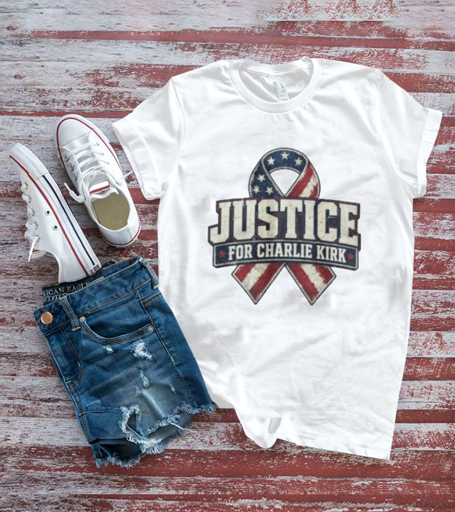 Justice For Charlie Kirk Distressed American Flag Ribbon T-Shirt