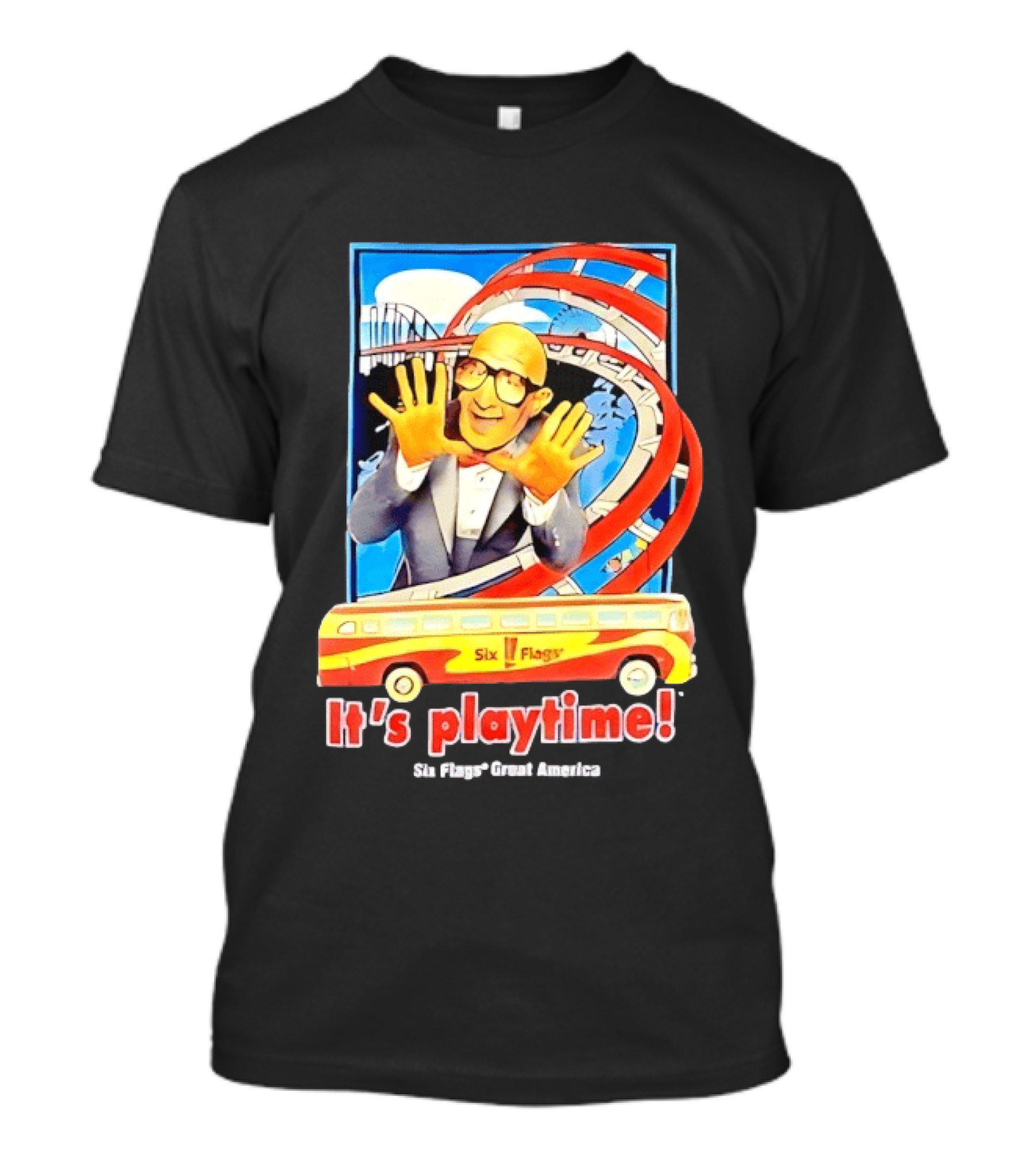 Six Flags Great America Mr. Six It's Playtime Roller And Bus Adventure T-Shirt