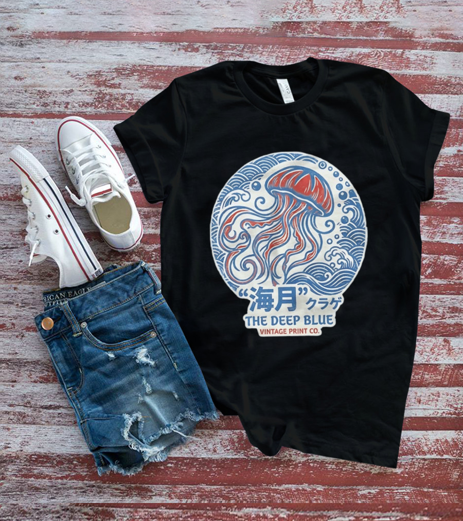 Vintage Print Co The Deep Blue Jellyfish Ocean T-Shirt