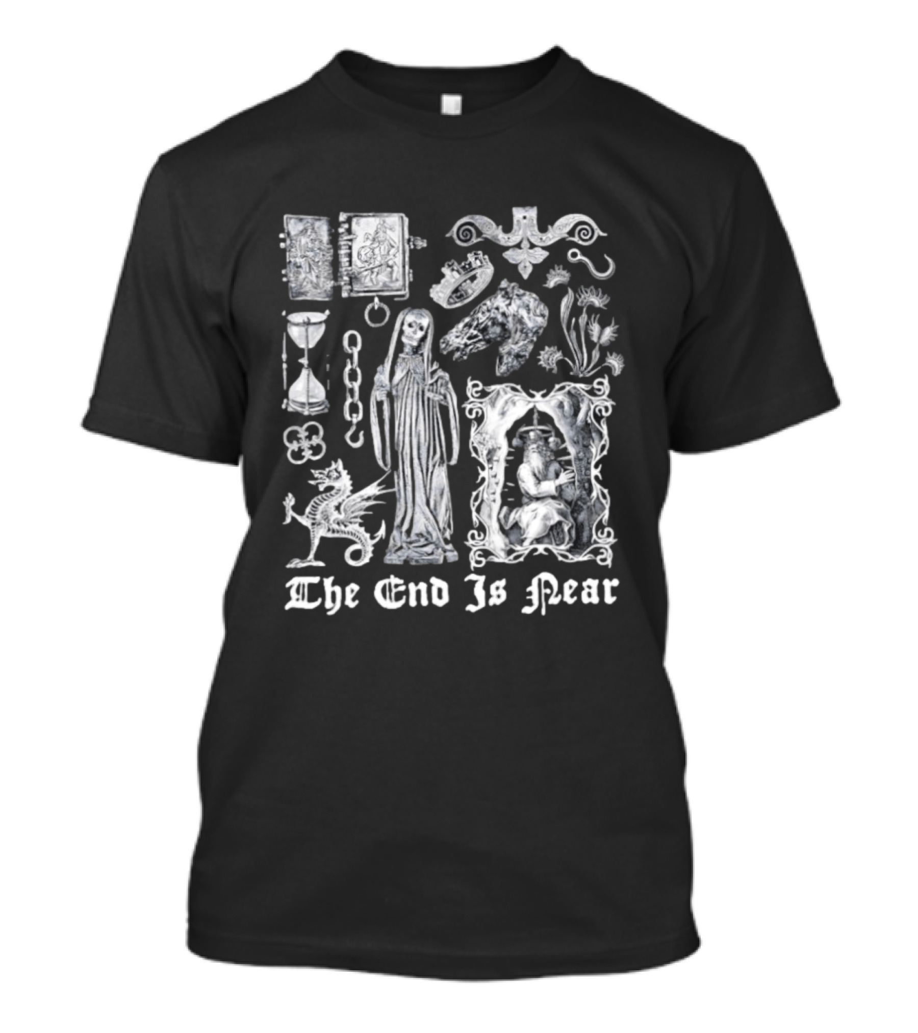 The End Is Near Gothic Occult Dark Medieval Symbols Skeleton Dragon Hourglass T-Shirt