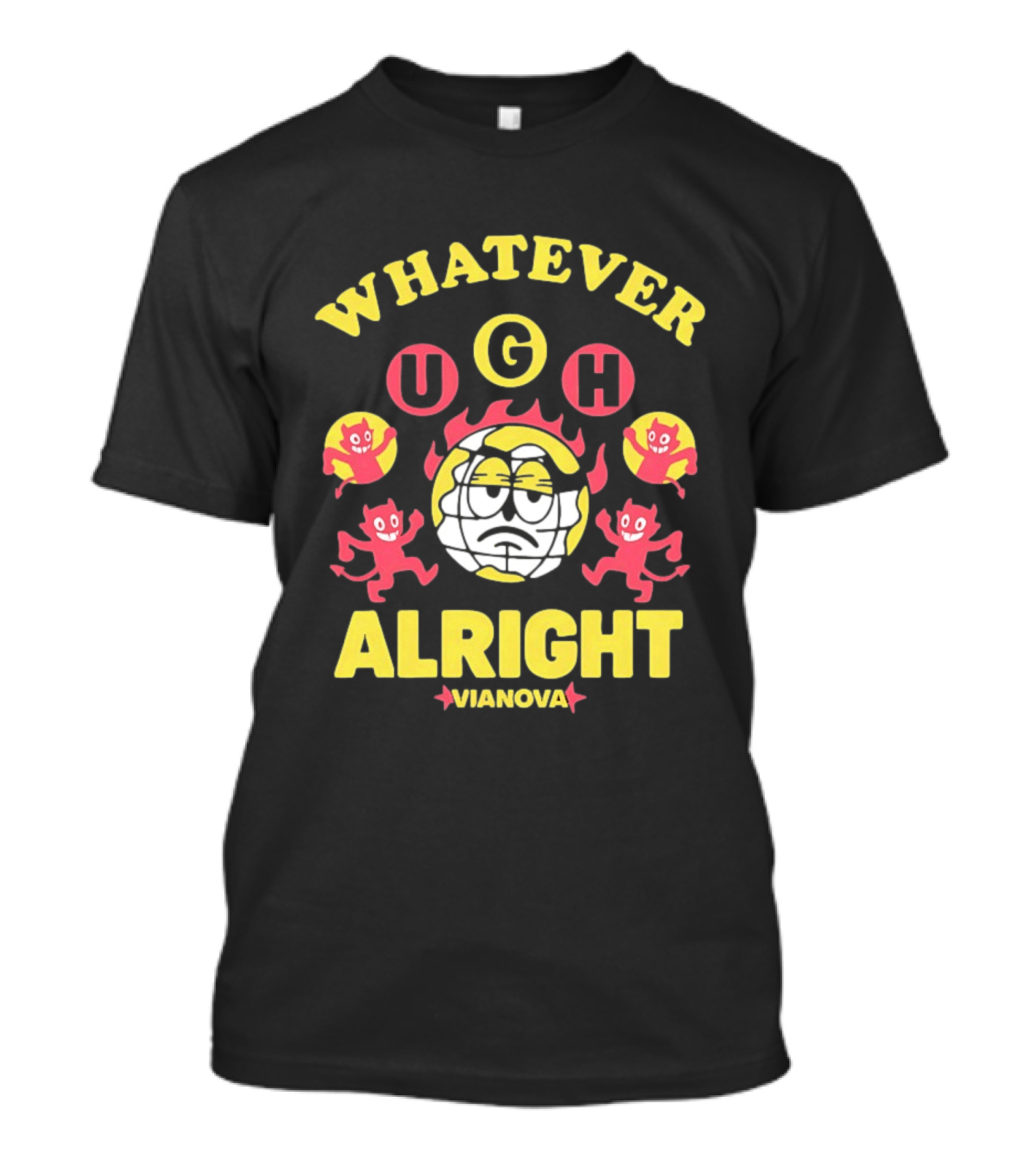 Vianova Whatever Ugh Alright Grumpy Globe Face Red Devils Cartoon T-Shirt