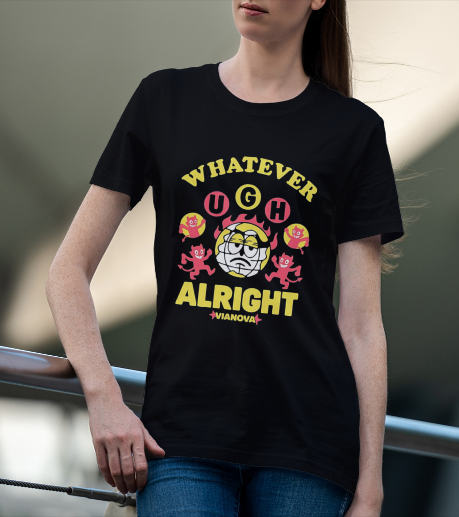 Vianova Whatever Ugh Alright Grumpy Globe Face Red Devils Cartoon T-Shirt