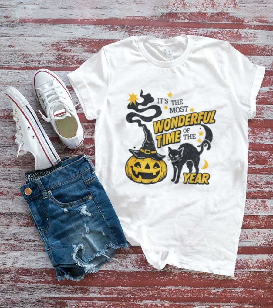 It's The Most Wonderful Time Of The Year Halloween Pumpkin Black Cat T-Shirt