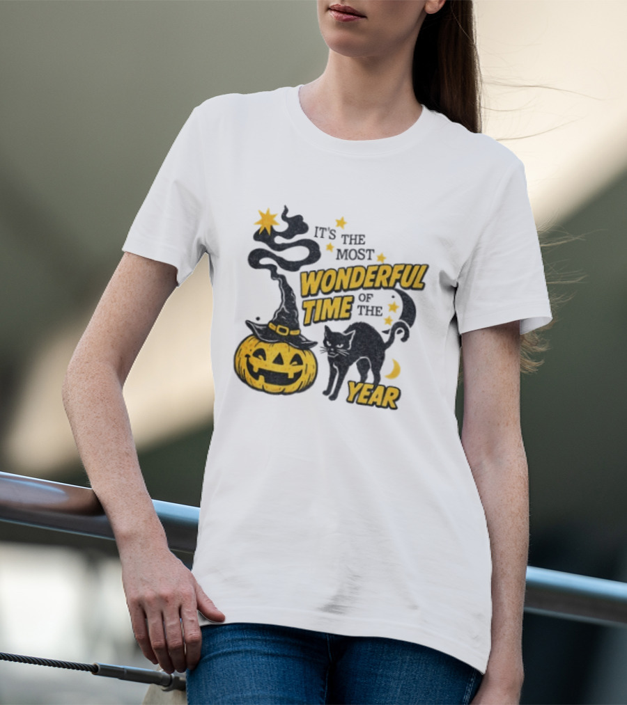 It's The Most Wonderful Time Of The Year Halloween Pumpkin Black Cat T-Shirt