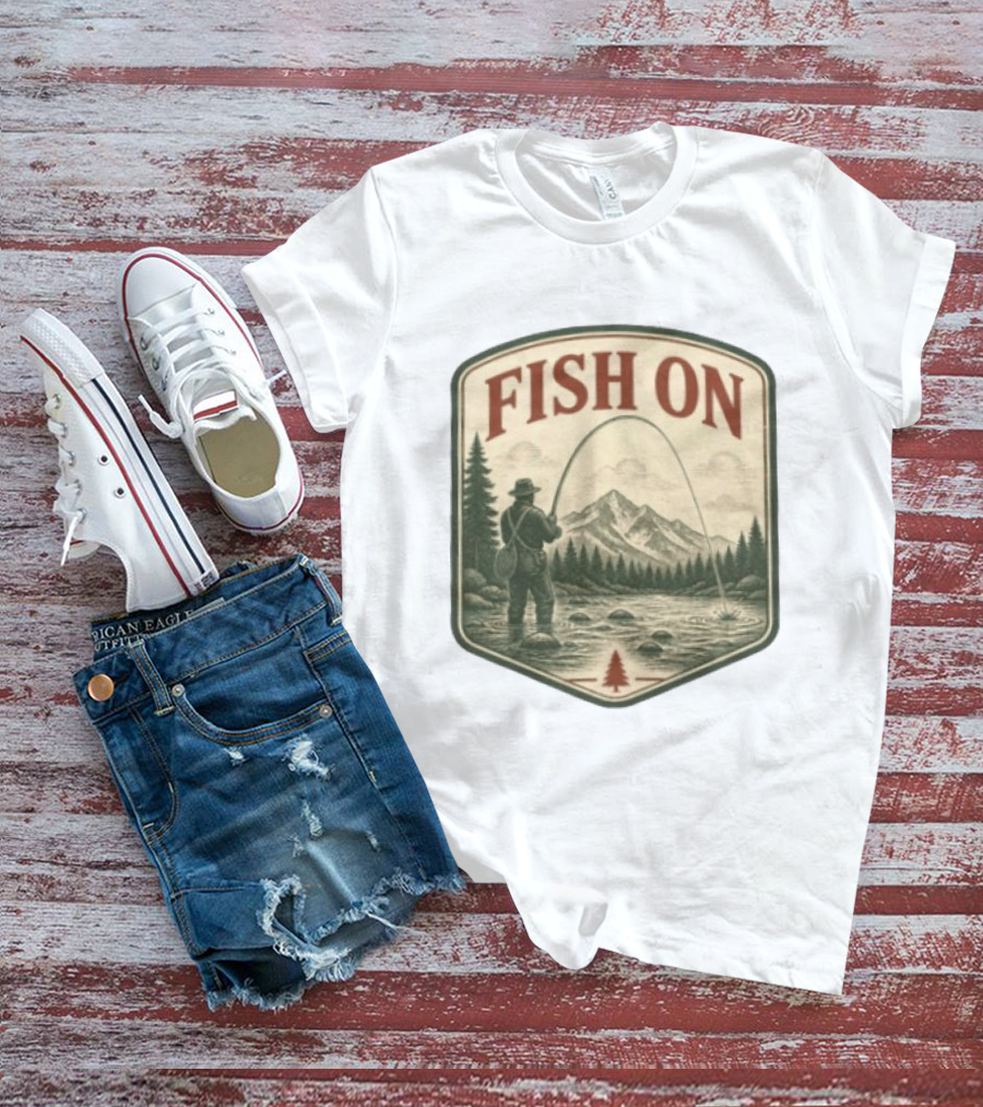 Fish On Fly Fishing Fisherman Mountain Landscape Adventure T-Shirt