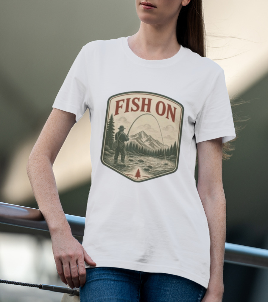 Fish On Fly Fishing Fisherman Mountain Landscape Adventure T-Shirt
