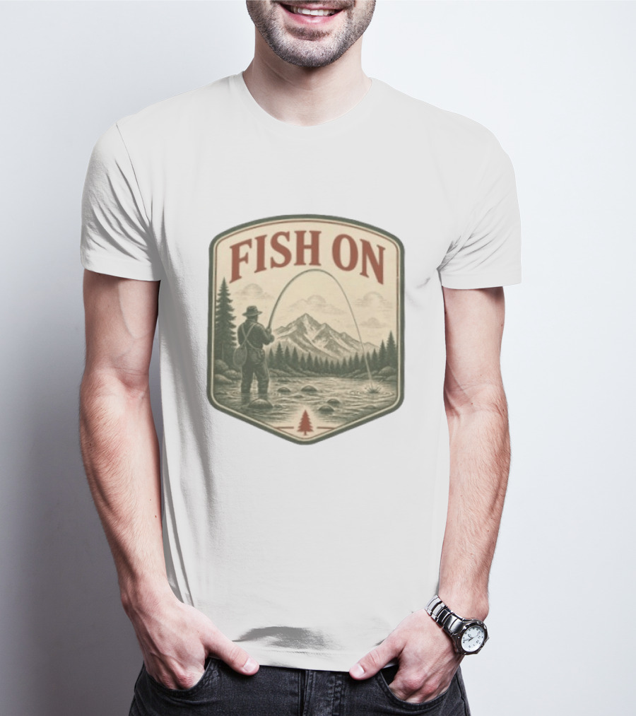 Fish On Fly Fishing Fisherman Mountain Landscape Adventure T-Shirt