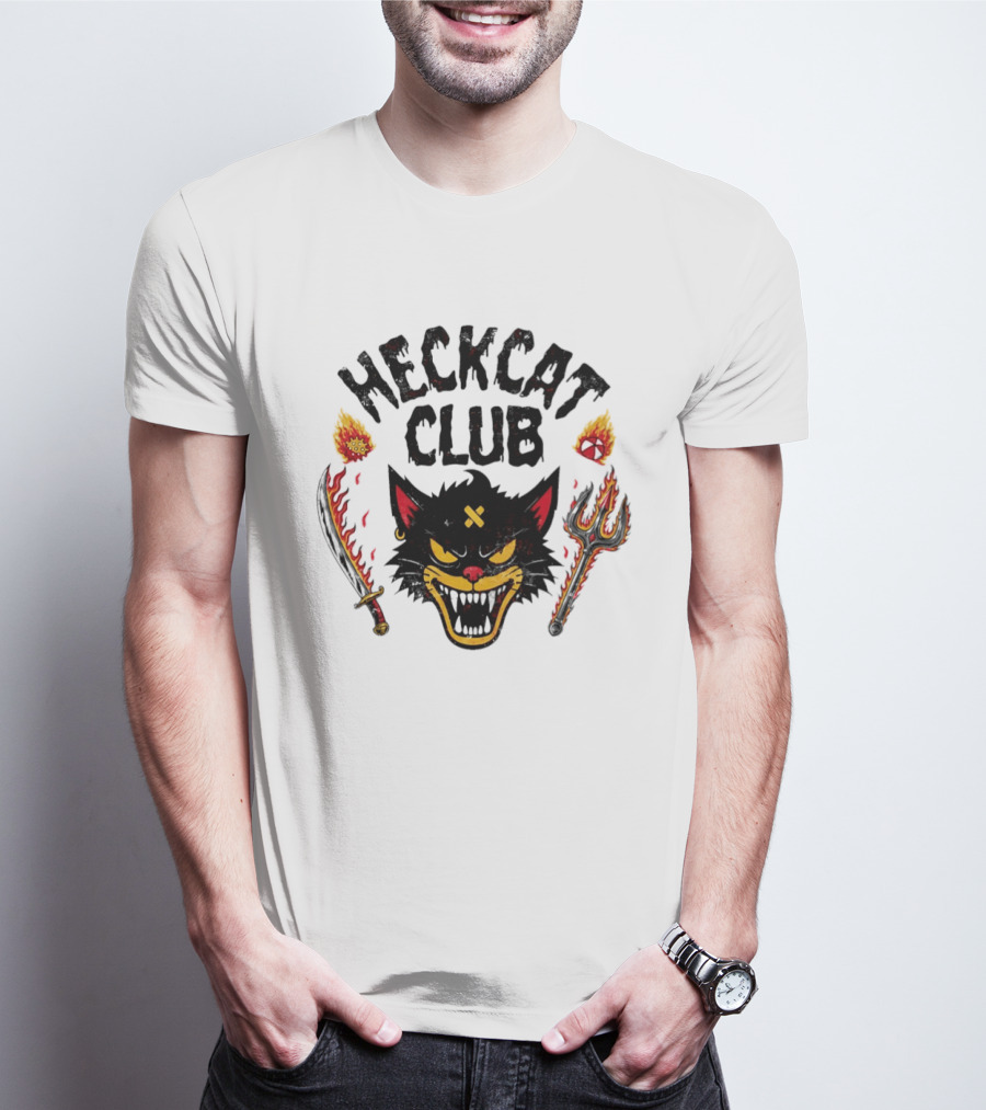 Heckcat Club Black Cat Sword Trident Flames T-Shirt