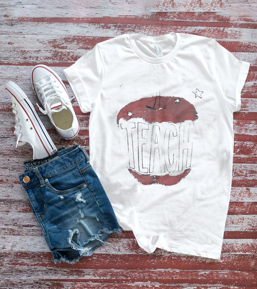 Teach Apple Bitten Cartoon Text Stars T-Shirt
