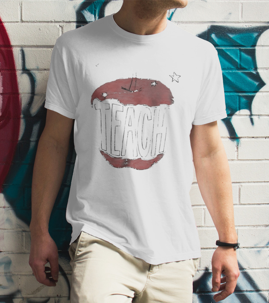 Teach Apple Bitten Cartoon Text Stars T-Shirt