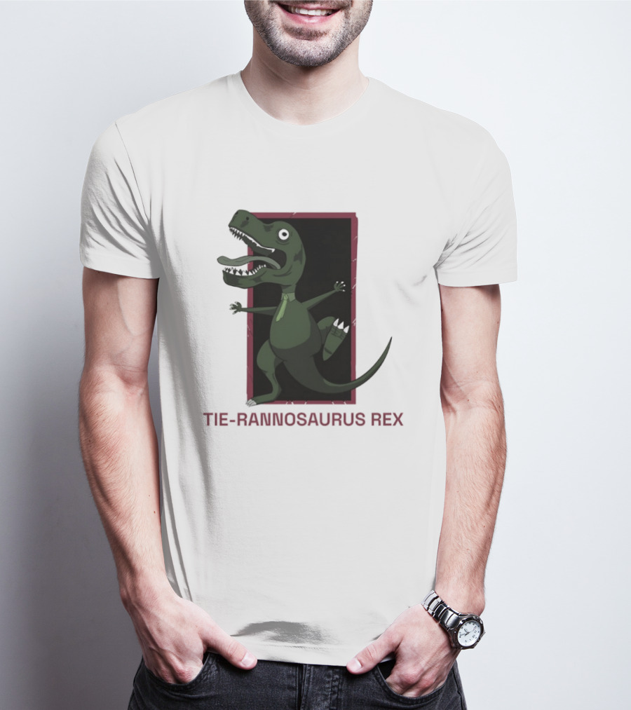 TIE RANNOSAURUS REX Dinosaur Humor Pun With Green Tie T-Shirt