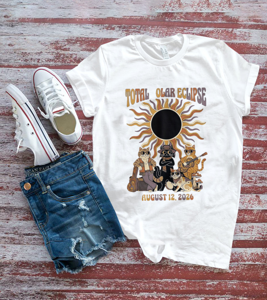 Total Solar Eclipse August 12 2026 Cats Band With Instruments And Sunglasses T-Shirt