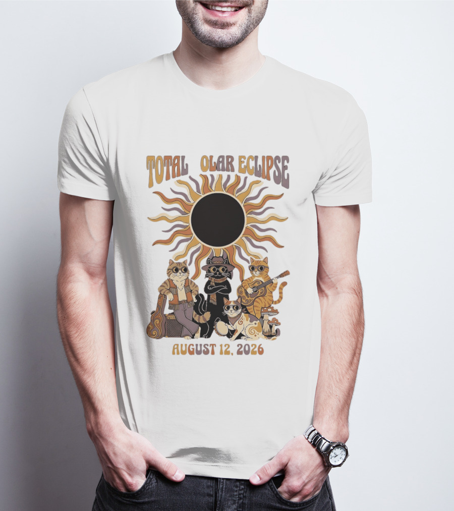 Total Solar Eclipse August 12 2026 Cats Band With Instruments And Sunglasses T-Shirt