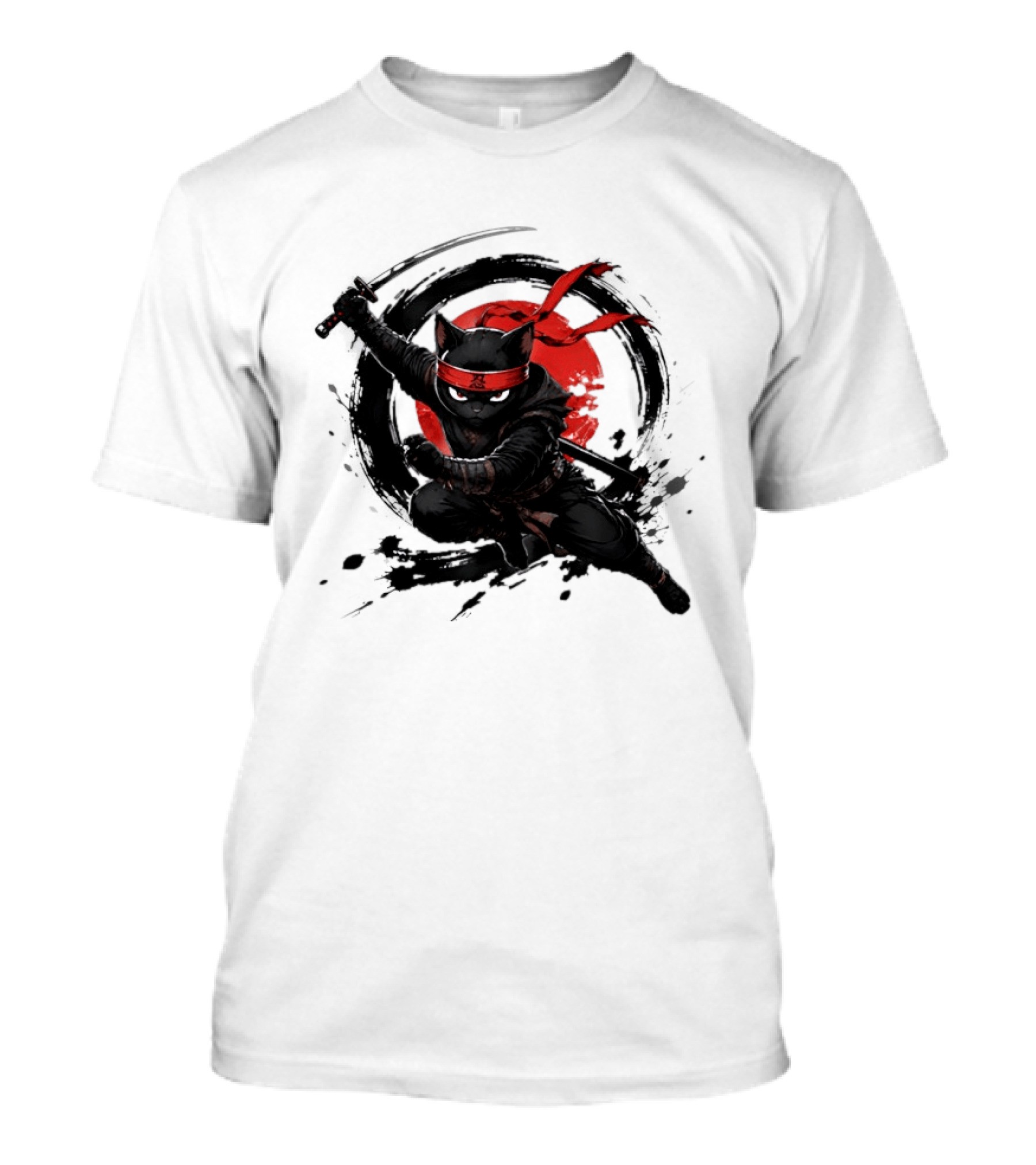 Ninja Cat Katana Warrior Red Rising Sun T-Shirt