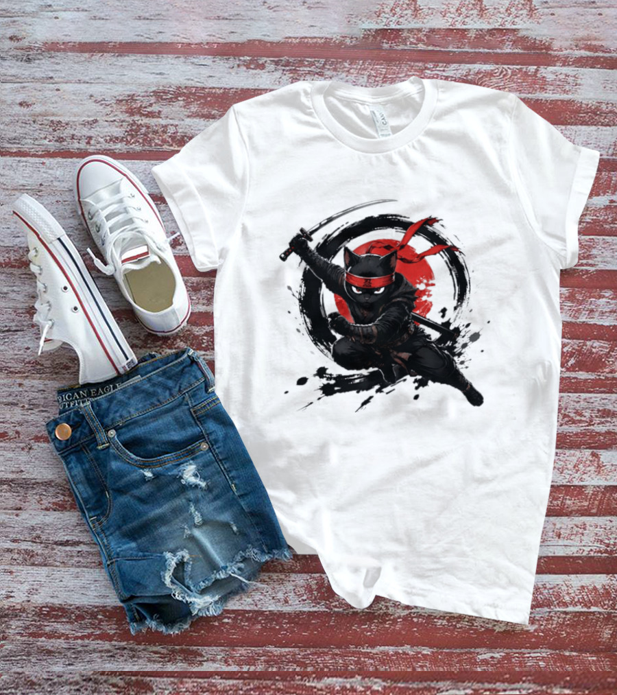 Ninja Cat Katana Warrior Red Rising Sun T-Shirt
