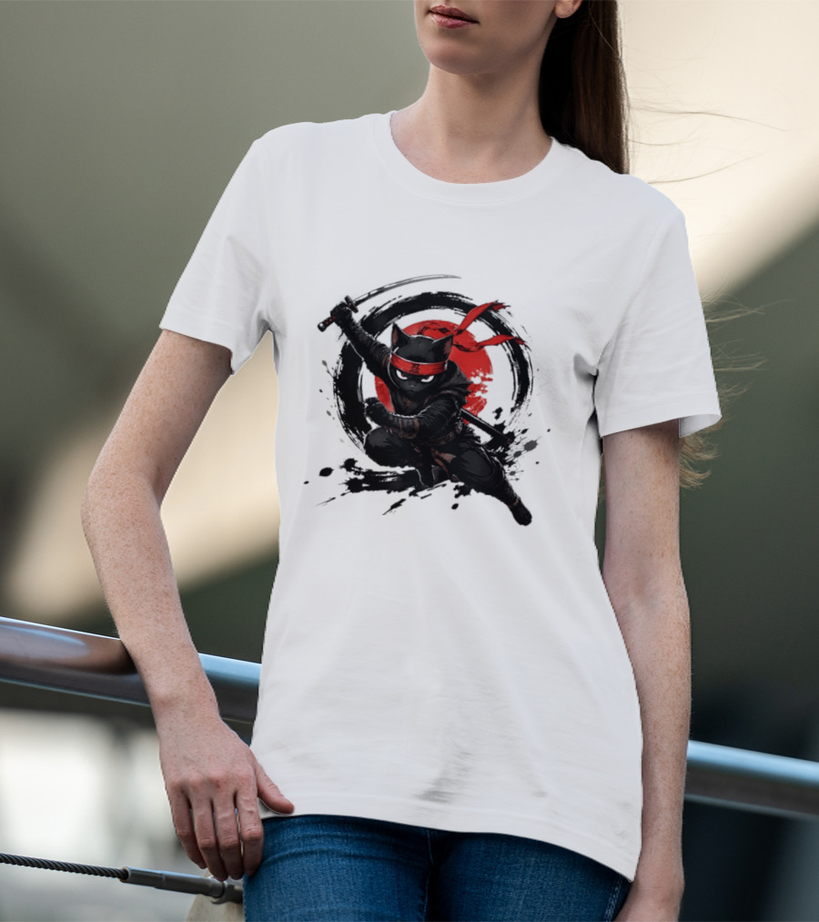 Ninja Cat Katana Warrior Red Rising Sun T-Shirt