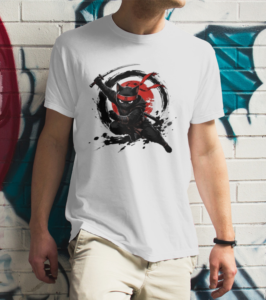 Ninja Cat Katana Warrior Red Rising Sun T-Shirt