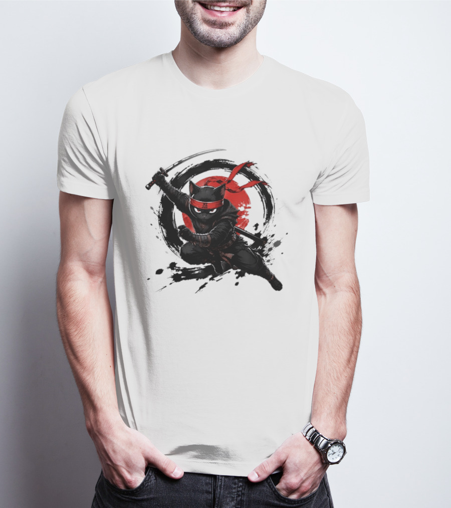 Ninja Cat Katana Warrior Red Rising Sun T-Shirt