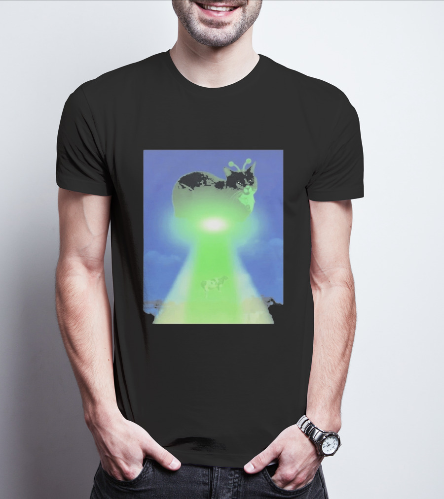 Alien Kitty UFO Beaming Cat Abduction With Tractor Beam And Cow T-Shirt