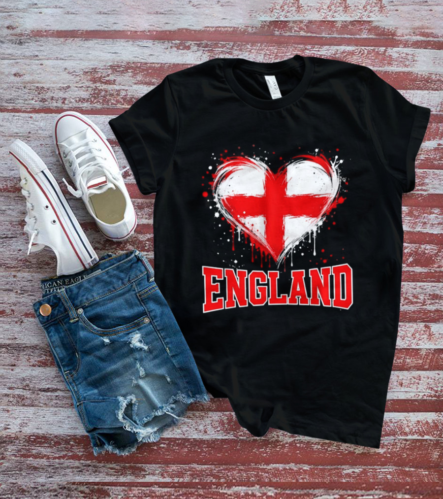 England Heart Flag Paint Splatter Red And White Cross T-Shirt