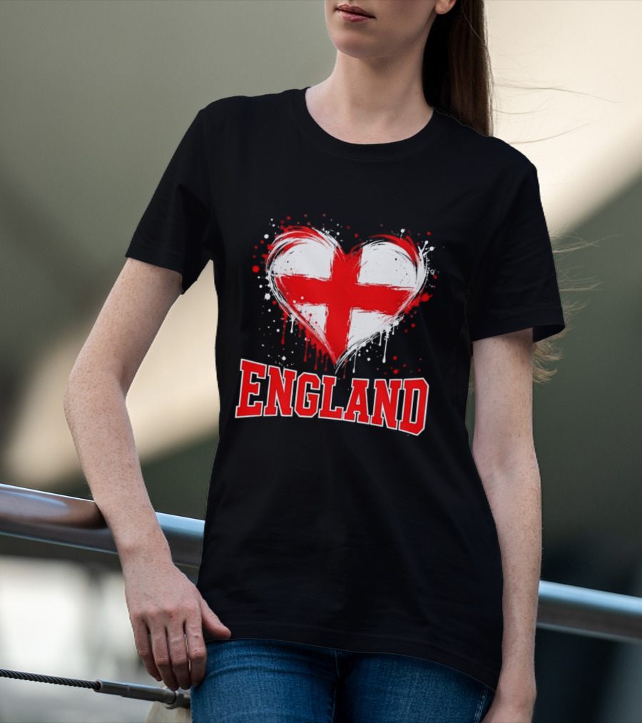 England Heart Flag Paint Splatter Red And White Cross T-Shirt