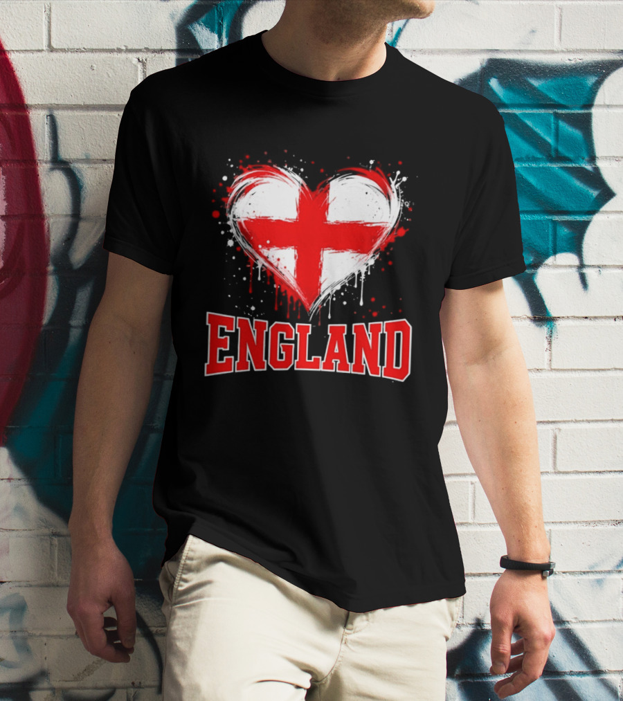 England Heart Flag Paint Splatter Red And White Cross T-Shirt