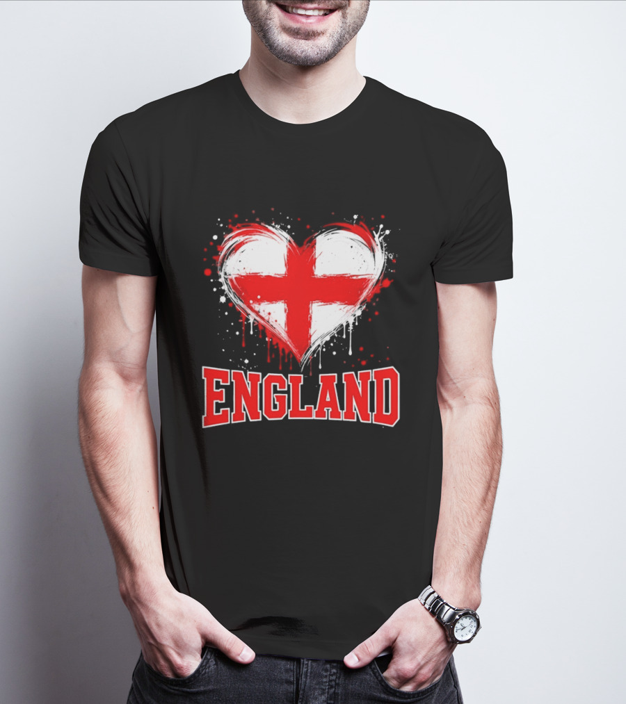 England Heart Flag Paint Splatter Red And White Cross T-Shirt