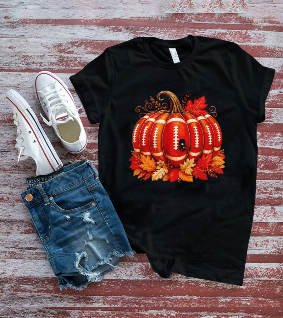Football Pumpkin Spider Autumn Leaves Thanksgiving Decor T-Shirt