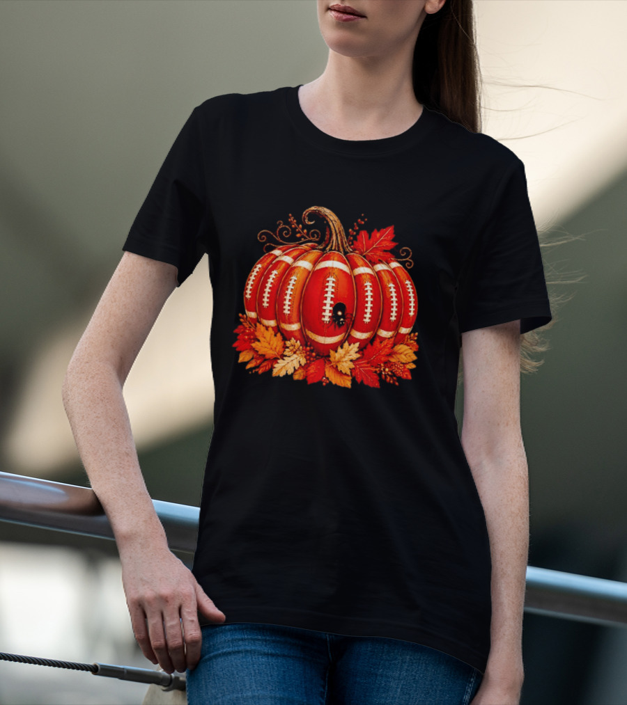 Football Pumpkin Spider Autumn Leaves Thanksgiving Decor T-Shirt