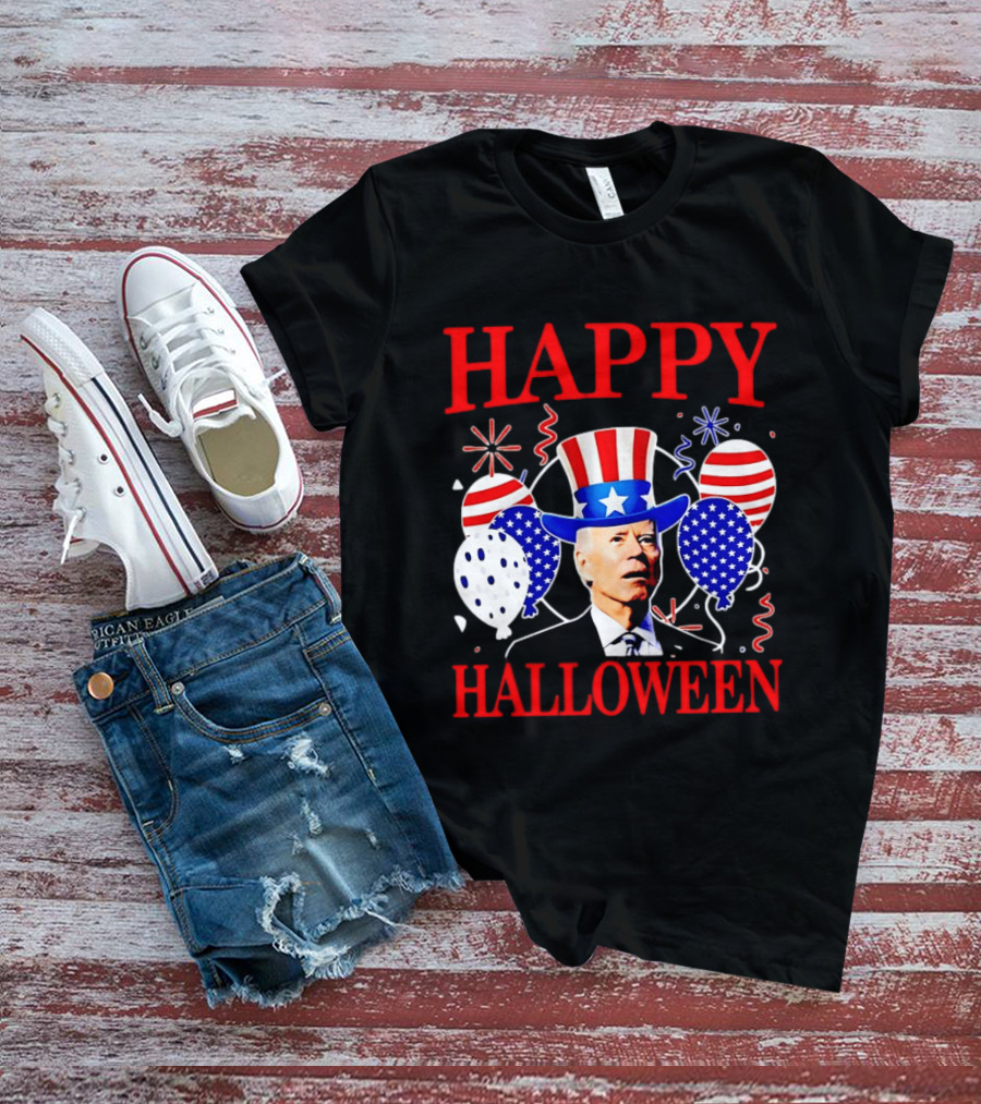 Happy Halloween Biden Uncle Sam Hat American Flag Balloons T-Shirt