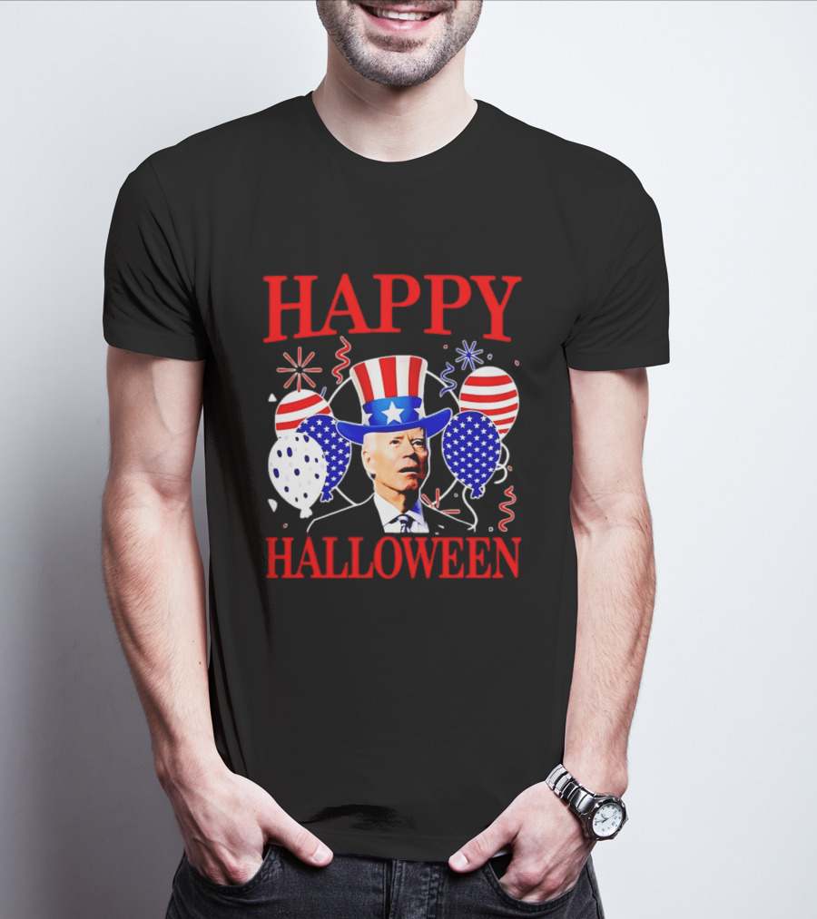Happy Halloween Biden Uncle Sam Hat American Flag Balloons T-Shirt
