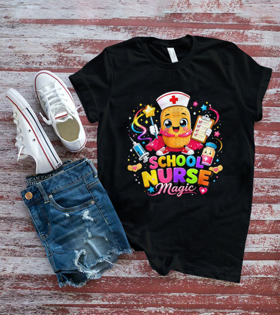 Magic School Nurse Potato Cartoon With Syringe And Pill T-Shirt
