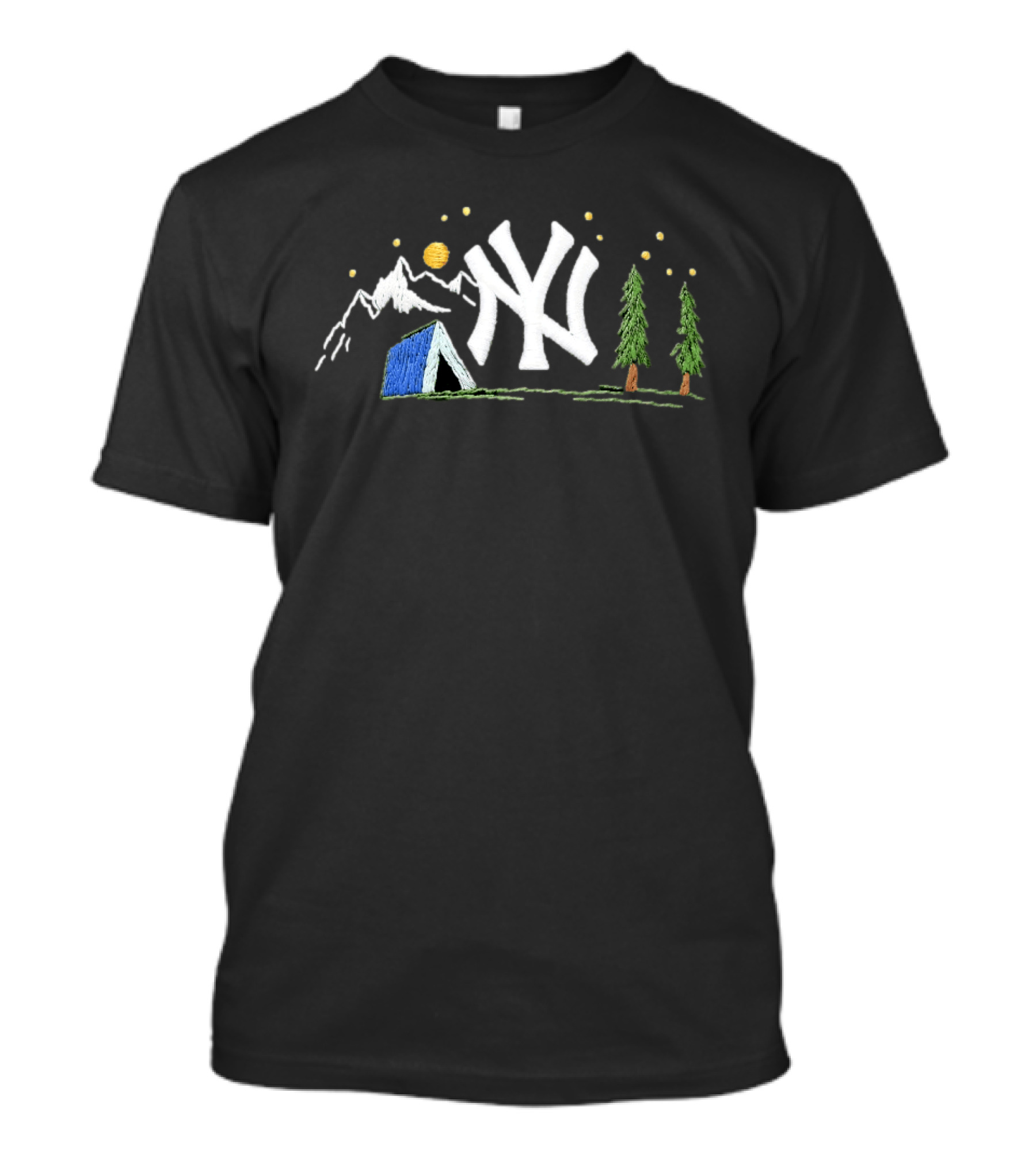 New York Yankees Embroidered Camping Mountain Tent Scene Cap T-Shirt