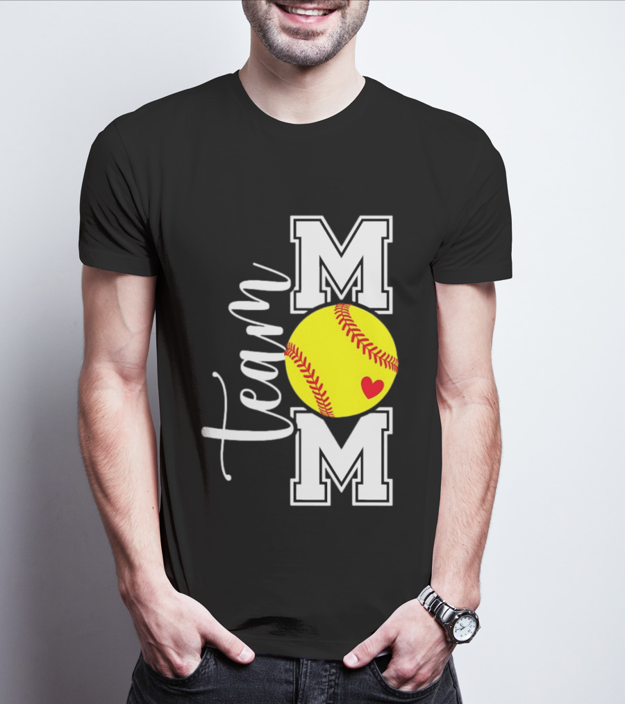 Team Mom Softball Yellow Heart Ball T-Shirt