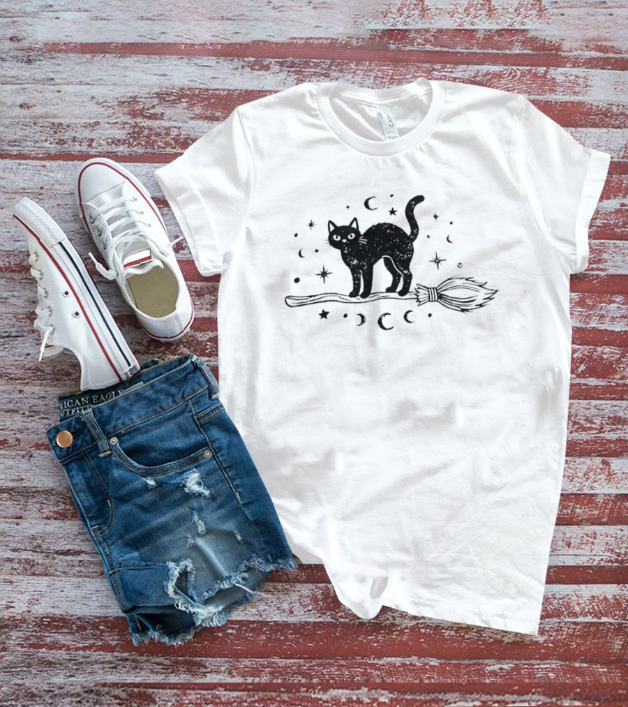 Black Cat With Celestial Moons Stars On Broomstick T-Shirt