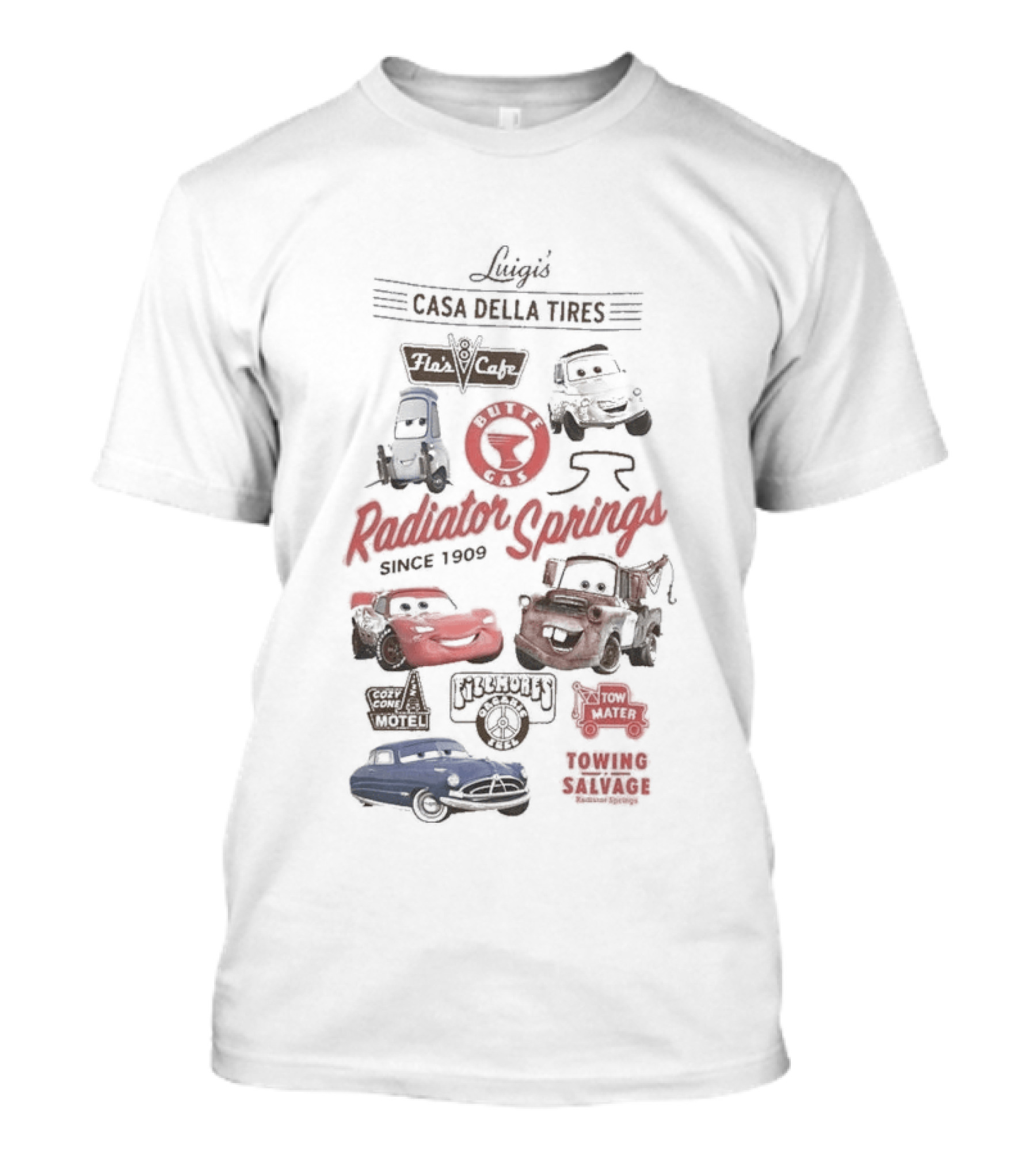 Luigi's Casa Della Tires Radiator Springs Classics Since 1909 Piston Cup Racing 95 Mater Tractor Tipping T-Shirt