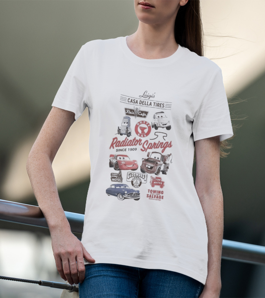 Luigi's Casa Della Tires Radiator Springs Classics Since 1909 Piston Cup Racing 95 Mater Tractor Tipping T-Shirt