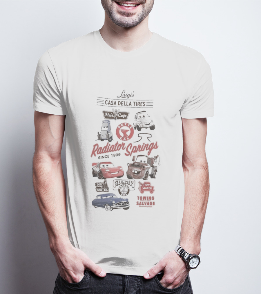 Luigi's Casa Della Tires Radiator Springs Classics Since 1909 Piston Cup Racing 95 Mater Tractor Tipping T-Shirt