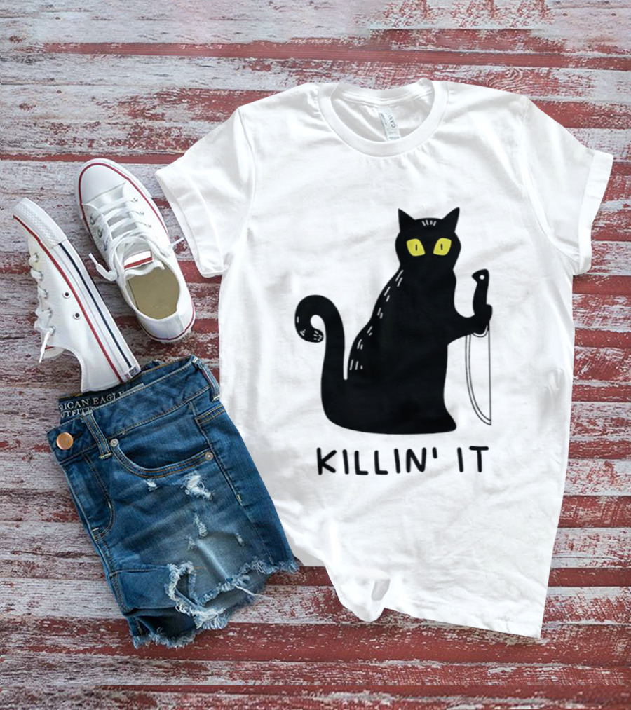 Black Cat Killin' It Halloween Knife T-Shirt