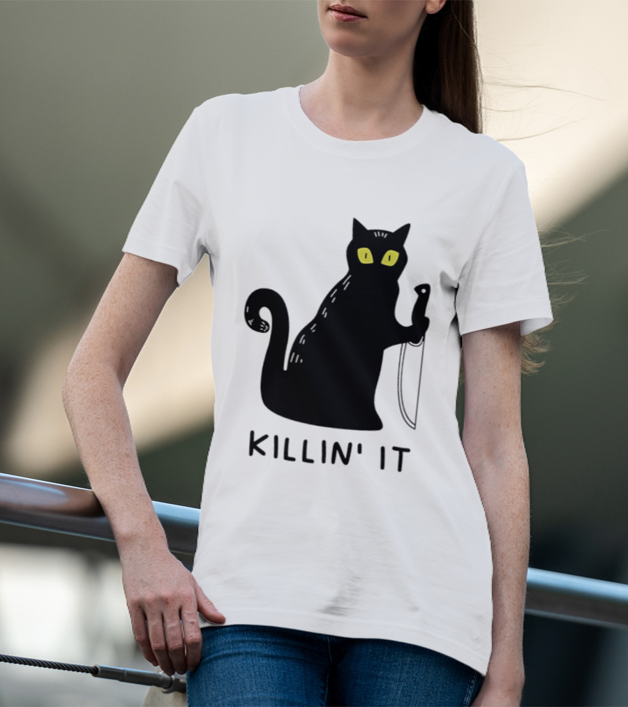 Black Cat Killin' It Halloween Knife T-Shirt