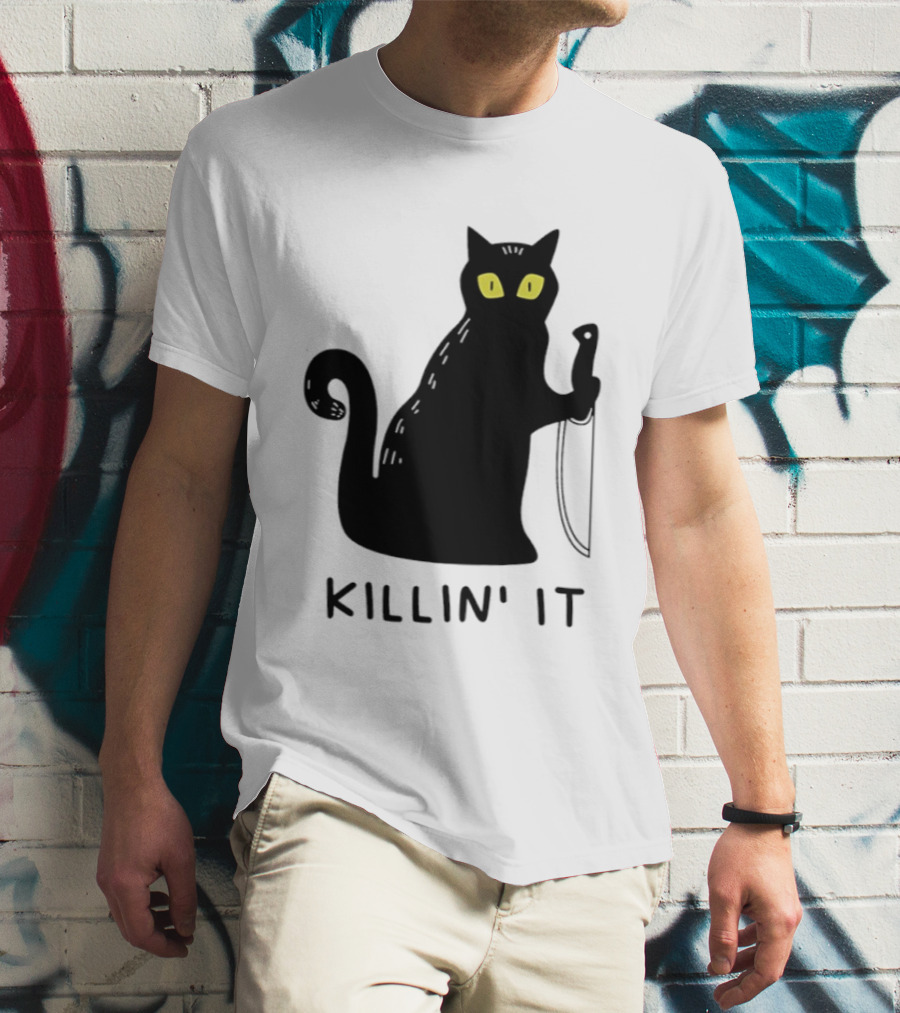 Black Cat Killin' It Halloween Knife T-Shirt