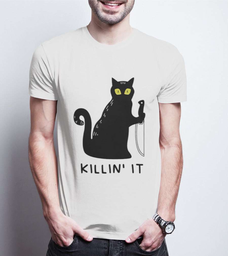 Black Cat Killin' It Halloween Knife T-Shirt