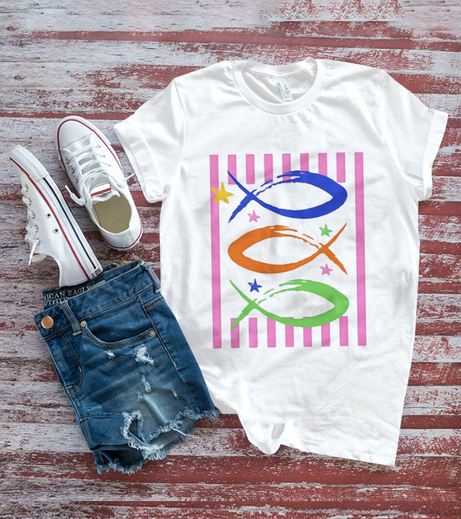 Christian Fish With Vibrant Stars And Stripes T-Shirt