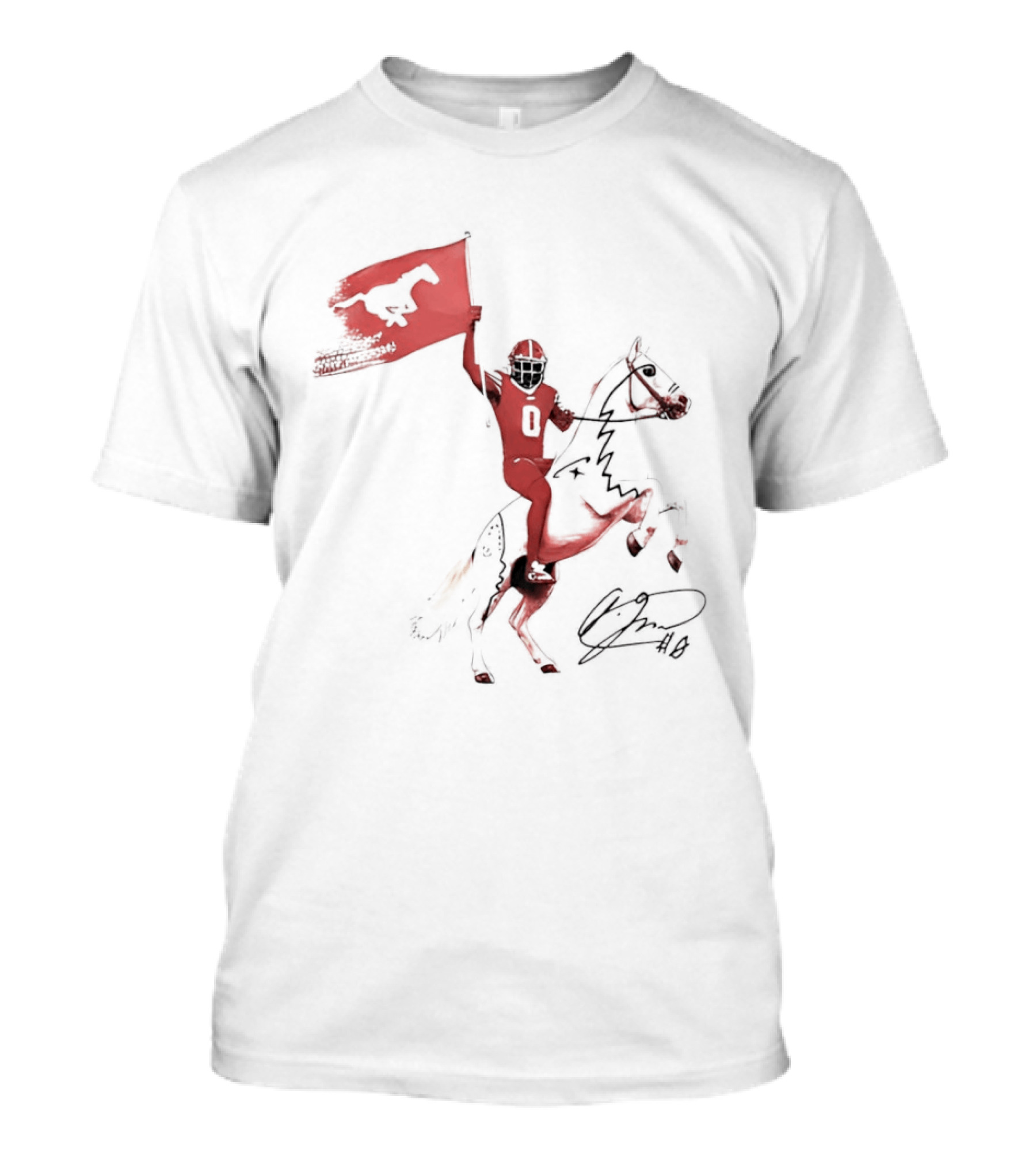SMU Mustangs Football Player Riding Horse Holding Flag Number 0 T-Shirt