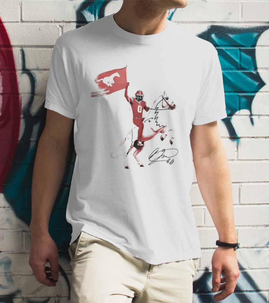 SMU Mustangs Football Player Riding Horse Holding Flag Number 0 T-Shirt