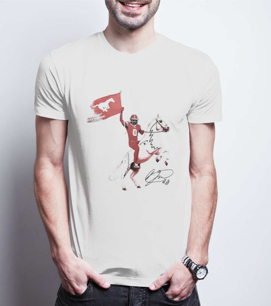 SMU Mustangs Football Player Riding Horse Holding Flag Number 0 T-Shirt